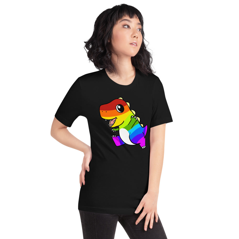 LGBTQ Tyrannosaurus Rex Cartoon Dinosaur Short-Sleeve Unisex T-Shirt - Proud Libertarian - Cartoons of Liberty