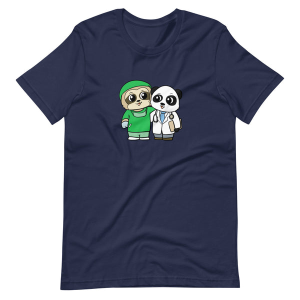 Doctor and Surgeon Cartoon Sloth & Panda Short Sleeve Unisex T-Shirt - Proud Libertarian - Cartoons of Liberty