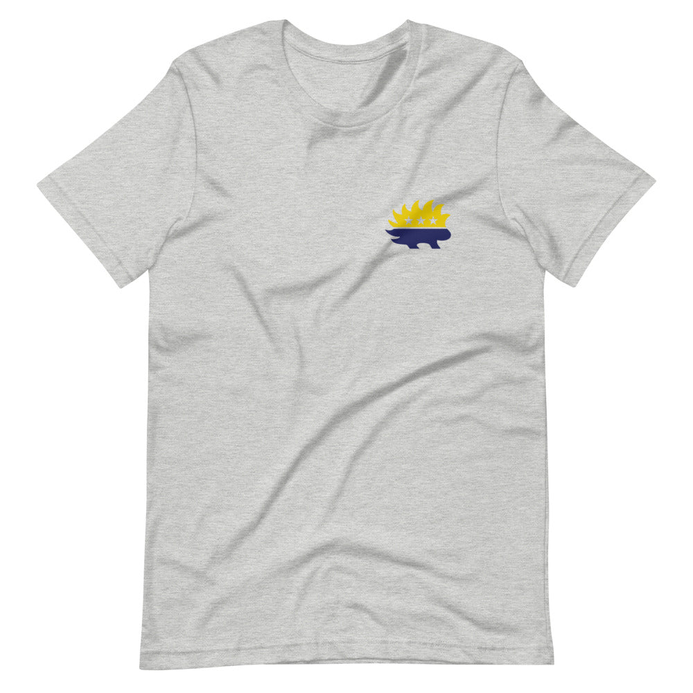 End the Monopoly - Go Gold (With Porcupine) Short-Sleeve Unisex T-Shirt - Proud Libertarian - Libertarian Party of Indiana - Morgan County