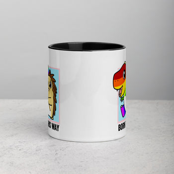 Born This Way LGBT Pride Cartoon Porcupine and Dinosaur Mug with Color Inside - Proud Libertarian - Cartoons of Liberty