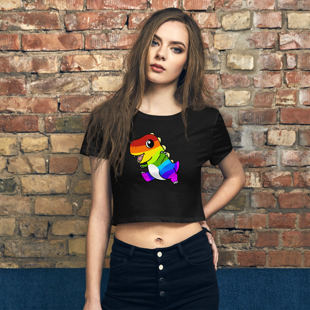 LGBTQ Tyrannosaurus Rex Cartoon Dinosaur Women’s Crop Tee - Proud Libertarian - Cartoons of Liberty